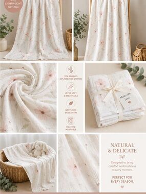 Soft Floral Baby Muslin Swaddle Blanket - Cream with Pink Flowers